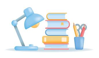 Education, learning, knowledge and study 3d concept. Lamp, books and stationery for school, college or utiversity. vector