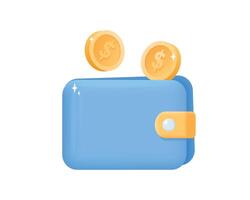 3d money wallet and flying coins. Cashback, money refund, Internet banking, Money Saving, cashless concept. vector