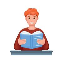 sonriente joven hombre, estudiante o persona de libre dedicación con abierto libro. 3d masculino personaje. vector
