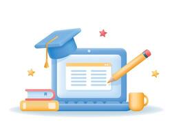 3d laptop with document on screen, books and Graduate cap. vector