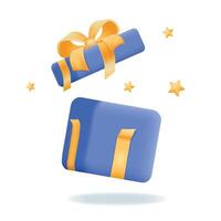 Flying blue open gift box with gold ribbon bow. Realistic 3d icon for sale concept. vector