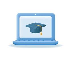 3d laptop with document on screen, books and Graduate cap. vector