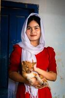 retrato de cham étnico niña en bau truc cerámica aldea, phan sonó ciudad, ninh Thuan provincia, Vietnam foto