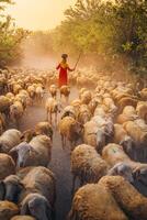 A local woman and a large sheep flock returning to the barn in the sunset, after a day of feeding in the mountains in Ninh Thuan Province, Vietnam. photo