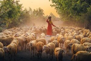 un local mujer y un grande oveja rebaño volviendo a el granero en el atardecer, después un día de alimentación en el montañas en ninh Thuan provincia, Vietnam. foto