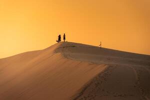 Aerial view of a peasant woman carries a bamboo frame on the shoulder across sand dunes in Ninh Thuan province, Vietnam. It is one of the most beautiful places in Vietnam photo