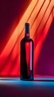 A glass bottle of wine stands on a table against a colorful backdrop photo