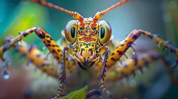 macro fotografía de un insecto con piernas, antenas y ojos. foto