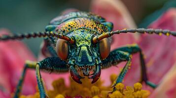 Macro photograph of an insect with legs, antennae and eyes. photo