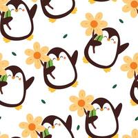 seamless pattern cartoon penguin with flowers. cute animal wallpaper illustration for gift wrap paper vector