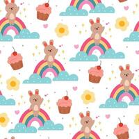seamless pattern cartoon bunny with cupcake and sky element. cute animal wallpaper for textile, gift wrap paper vector