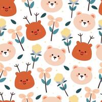 seamless pattern cartoon bear and deer with plant and flower. cute animal wallpaper for textile, gift wrap paper vector