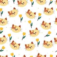 flor y gato de dibujos animados de patrones sin fisuras. lindo papel tapiz animal para textiles, papel de regalo vector