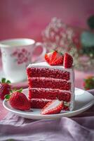 sliced sponge cake with fresh strawberries photo