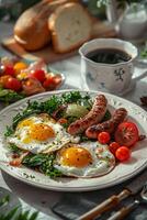 fried eggs and cherry tomatoes and sausages photo