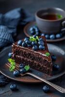 Chocolate cake topped with chocolate glaze and fresh blueberries photo