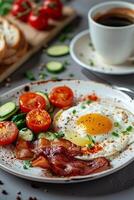 fried eggs and cherry tomatoes and bacon photo