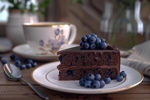 Chocolate cake topped with chocolate glaze and fresh blueberries photo