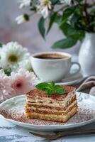 Plate of tiramisu cake photo