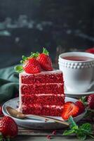 sliced sponge cake with fresh strawberries photo