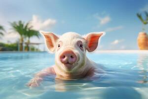 Swimming piglet in a pool swimming photo