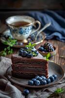 Chocolate cake topped with chocolate glaze and fresh blueberries photo