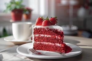 sliced sponge cake with fresh strawberries photo