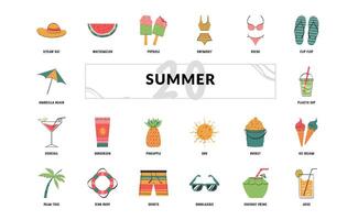 Summer travel vacation tropical handdrawn doodle icon set vector