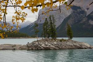 nublado día en rocoso isla en lago minnewanka, canadiense rocoso montañas, banff nacional parque foto