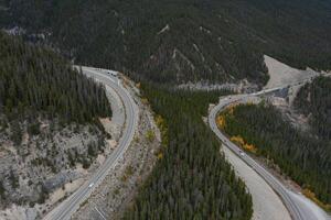 Aerial view of the curve at The Big Bend on the Icefield Parkway. photo