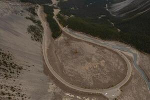 Aerial view of the curve at The Big Bend on the Icefield Parkway. photo