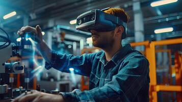 A working man in virtual glasses controls the production process. Neural network photo