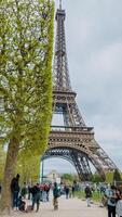 Visitors enjoy a spring day near the Eiffel Tower in Paris, France, on April 14th, 2024, ideal for travel and European landmarks themes photo