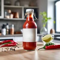 un botella de tomate salsa con un rebanada de limón en el mesa foto