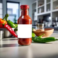 a bottle of ketchup sits on a kitchen counter photo