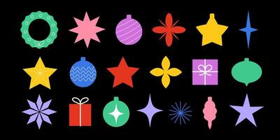 Set of minimalistic geometric Christmas elements in flat and Y2K style. Aesthetic shapes, Abstract Xmas decoration. vector