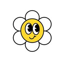 Groovy flower, funny smiling face, daisy with black outline vector