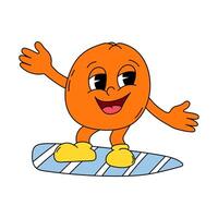 Orange in the surf in flat style. Groovy orange character. vector