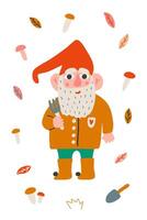 Little garden gnome with beard and cap. Cute elf. vector