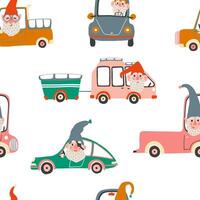 Seamless pattern with garden gnomes in cars. vector