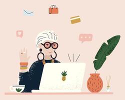 Elderly female character is shopping online. vector