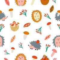 Cute seamless pattern with hedgehog, field flowers vector