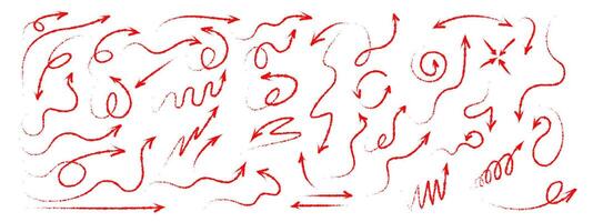 Set of grunge red arrows, hand painted. Curved, twisted and straight arrows drawn with wax pencils. set of pointers. vector