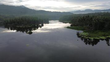 aéreo ver de perintis lago rodeado por arboles foto