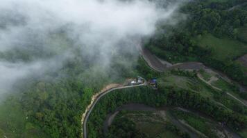 Aerial view of the road in the forest with fog and cloud photo