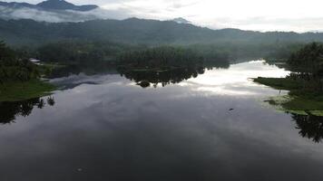 Aerial view of Perintis Lake surrounded by trees photo