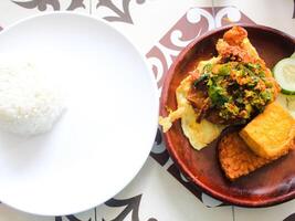 Indonesian fried chicken rice with tempeh and tofu sprinkled with spring onion chili sauce photo