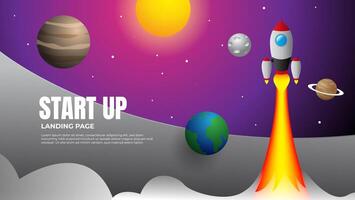 illustration of rocket flying in space with planets and sun. start up landing page concept. start up presentation design. vector