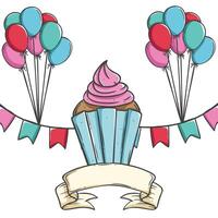 cupcake with balloon and flag decoration for birthday party vector