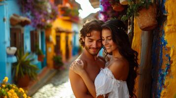 romántico Pareja abrazando en un pintoresco callejón foto
